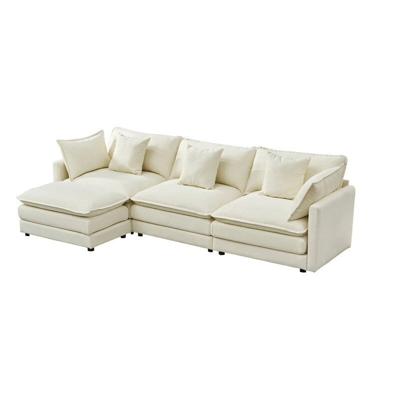 Canapé 3 places en chenille beige/blanc/orange avec pouf
