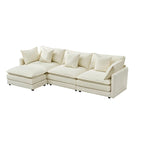 Canapé 3 places en chenille beige/blanc/orange avec pouf