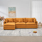 Canapé 3 places en chenille beige/blanc/orange avec pouf