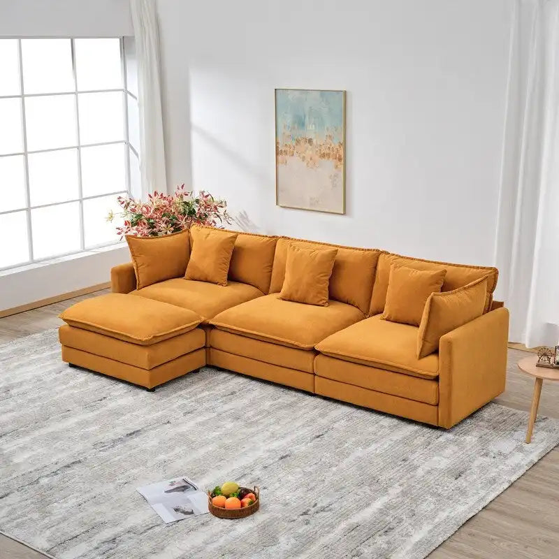 Canapé 3 places en chenille beige/blanc/orange avec pouf