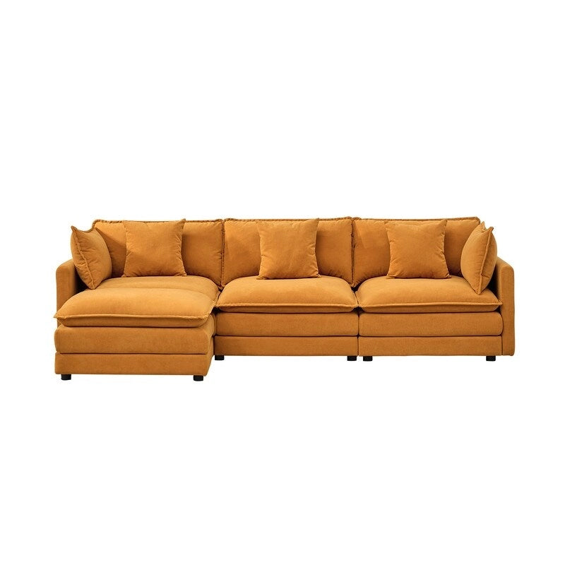 Canapé 3 places en chenille beige/blanc/orange avec pouf