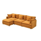 Canapé 3 places en chenille beige/blanc/orange avec pouf