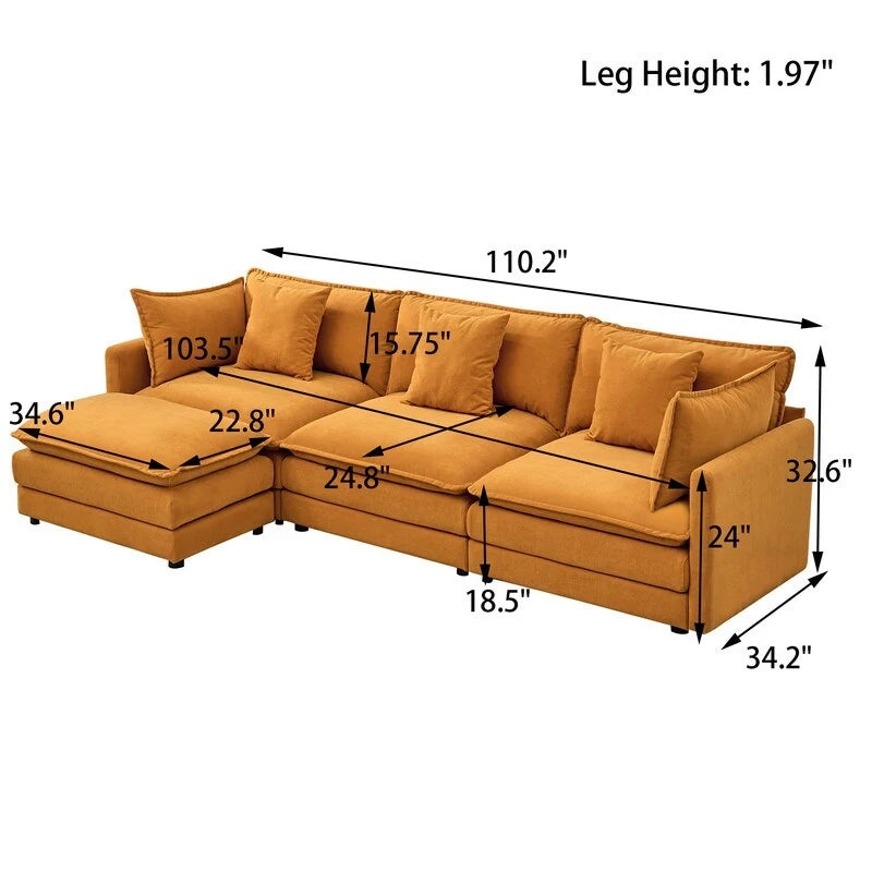 Canapé 3 places en chenille beige/blanc/orange avec pouf