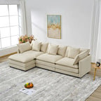 Canapé 3 places en chenille beige/blanc/orange avec pouf