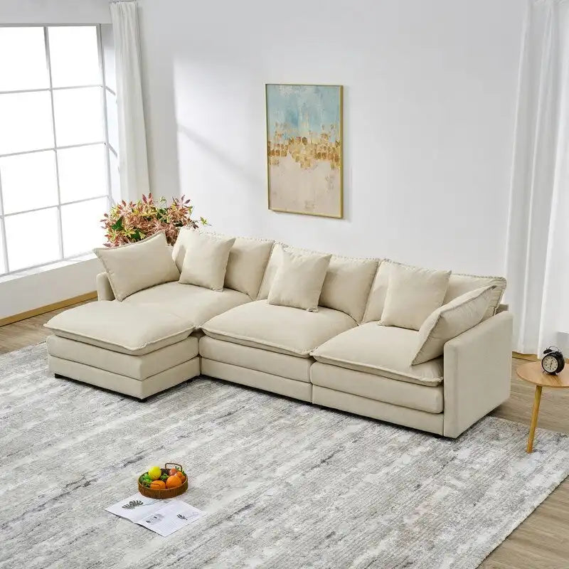 Canapé 3 places en chenille beige/blanc/orange avec pouf