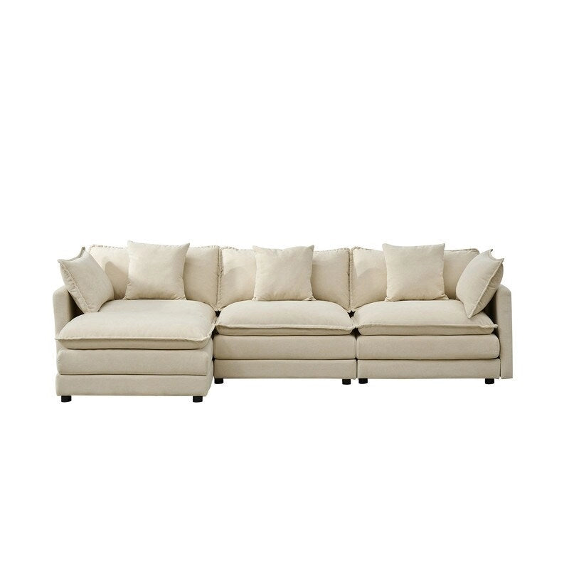 Canapé 3 places en chenille beige/blanc/orange avec pouf
