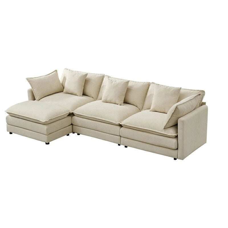 Canapé 3 places en chenille beige/blanc/orange avec pouf