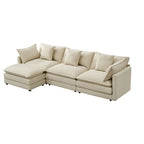 Canapé 3 places en chenille beige/blanc/orange avec pouf