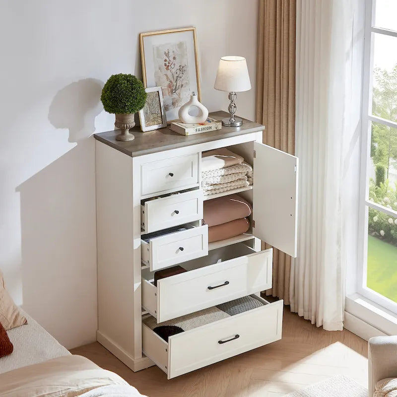 Commode à 5 tiroirs, blanc et gris, style vintage, meuble de rangement pour 1 personne