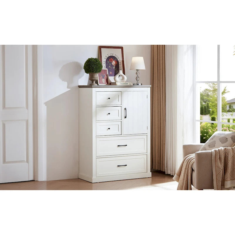 Commode à 5 tiroirs, blanc et gris, style vintage, meuble de rangement pour 1 personne