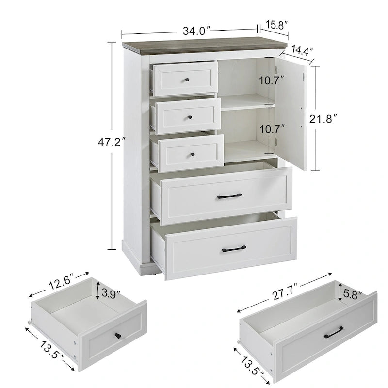 Commode à 5 tiroirs, blanc et gris, style vintage, meuble de rangement pour 1 personne