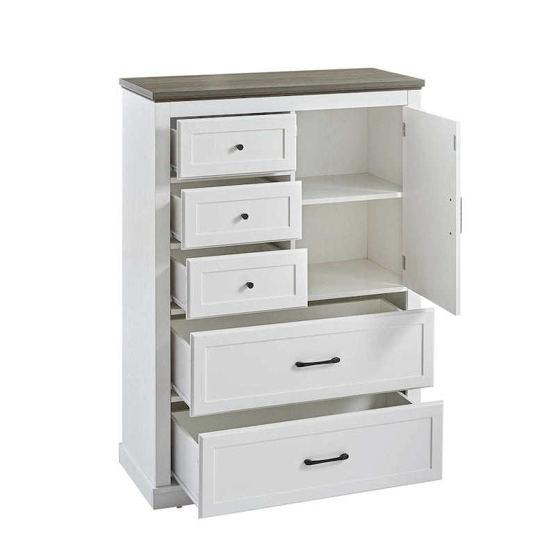 Commode à 5 tiroirs, blanc et gris, style vintage, meuble de rangement pour 1 personne