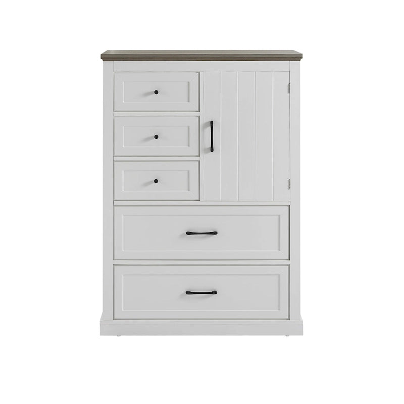Commode à 5 tiroirs, blanc et gris, style vintage, meuble de rangement pour 1 personne