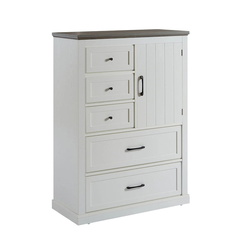 Commode à 5 tiroirs, blanc et gris, style vintage, meuble de rangement pour 1 personne