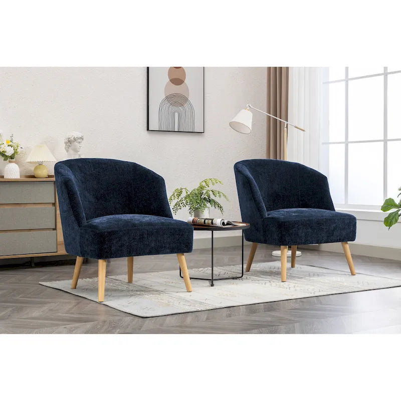 Fauteuil d'appoint tonneau en velours côtelé bleu, une place, pieds en bois d'hévéa