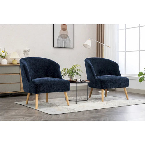 Fauteuil d'appoint tonneau en velours côtelé bleu, une place, pieds en bois d'hévéa