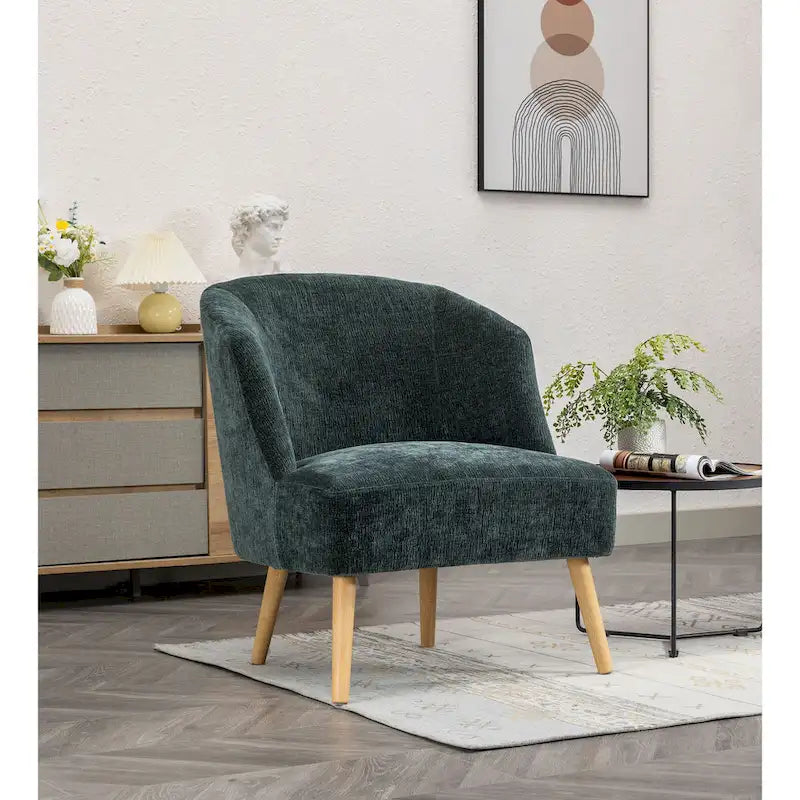 Fauteuil d'appoint tonneau en velours côtelé bleu, une place, pieds en bois d'hévéa