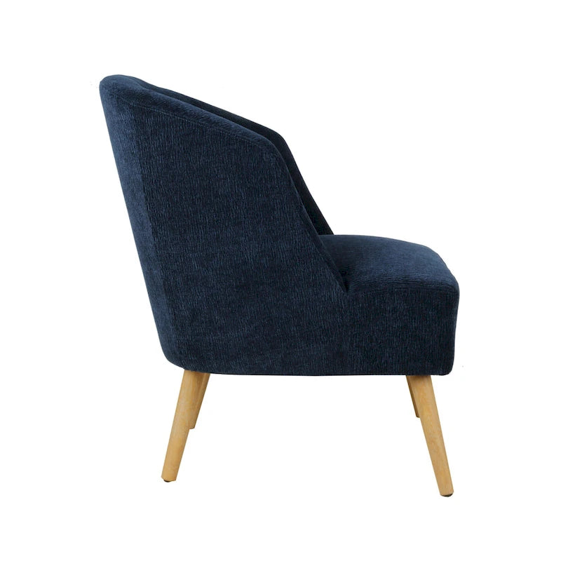 Fauteuil d'appoint tonneau en velours côtelé bleu, une place, pieds en bois d'hévéa