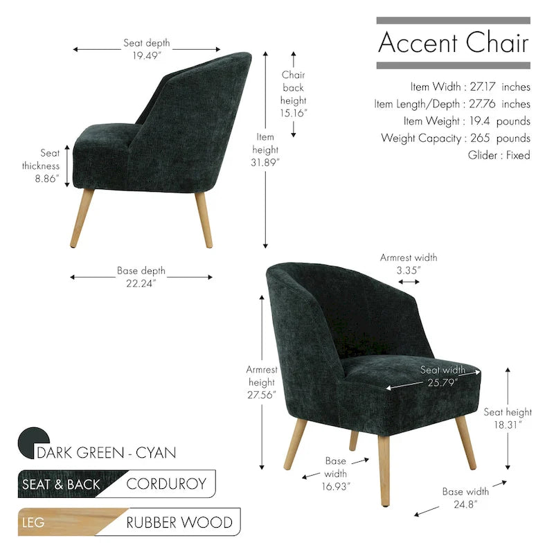 Fauteuil d'appoint tonneau en velours côtelé bleu, une place, pieds en bois d'hévéa