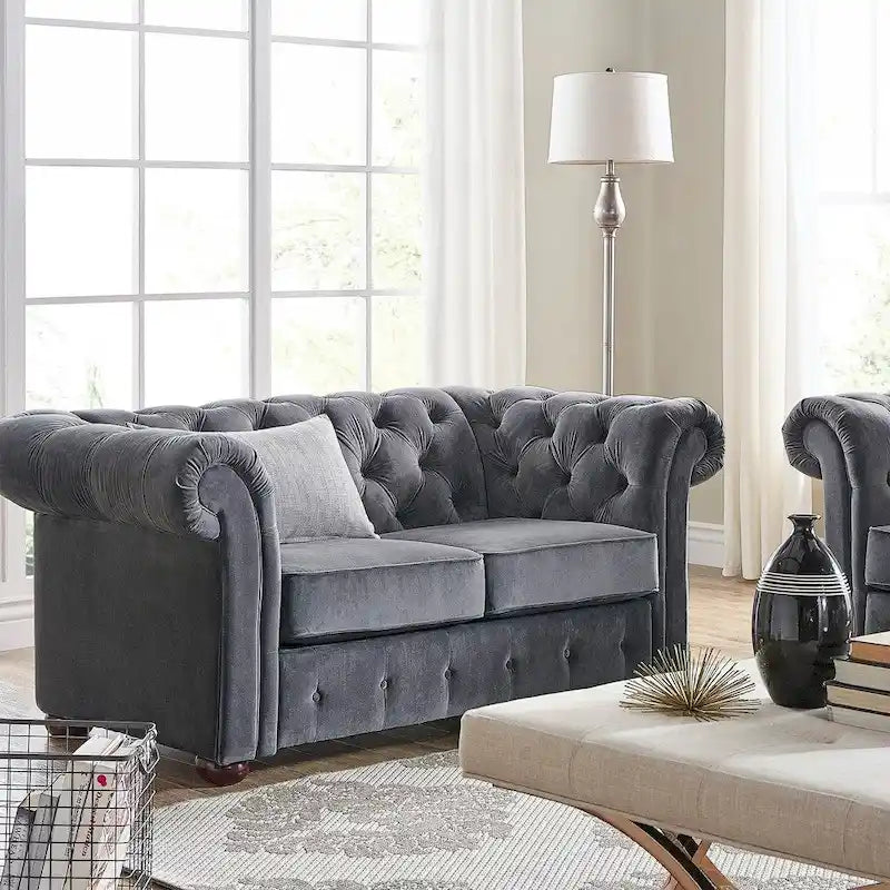 Causeuse capitonnée chesterfield 2 places en lin gris