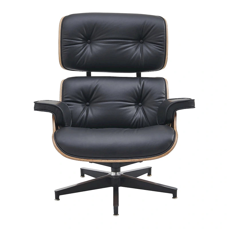 Fauteuil de salon en cuir véritable marron avec ottoman, une place