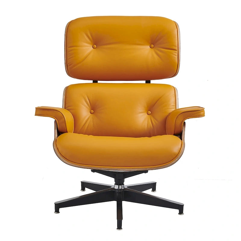 Fauteuil de salon en cuir véritable marron avec ottoman, une place