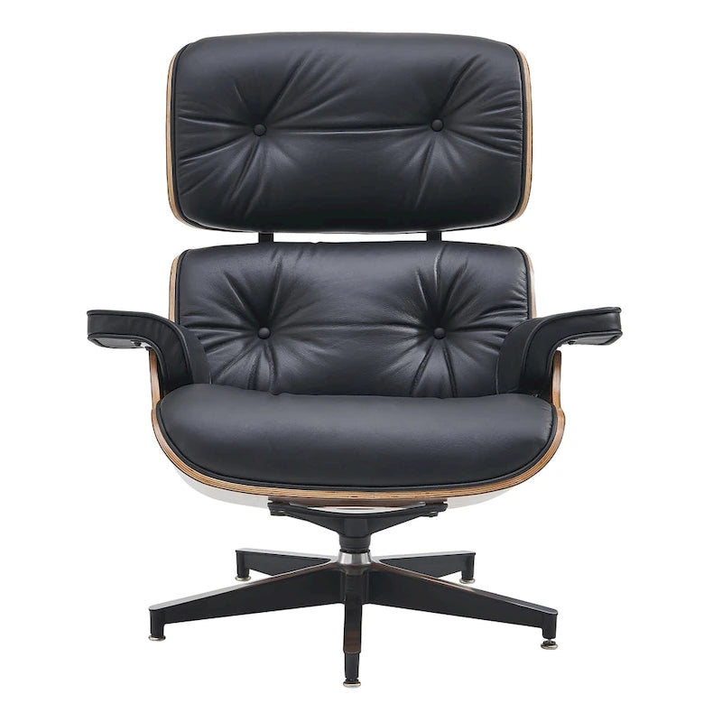 Fauteuil de salon en cuir véritable marron avec ottoman, une place