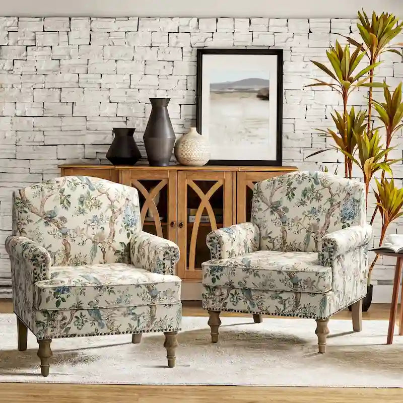 Fauteuil rembourré clouté de ferme avec dossier à bosse, lot de 2 (oiseau/bleu marine/gris/gingen/cachemire/floral/fougère)