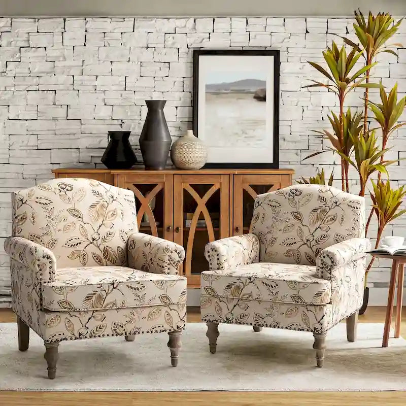 Fauteuil rembourré clouté de ferme avec dossier à bosse, lot de 2 (oiseau/bleu marine/gris/gingen/cachemire/floral/fougère)