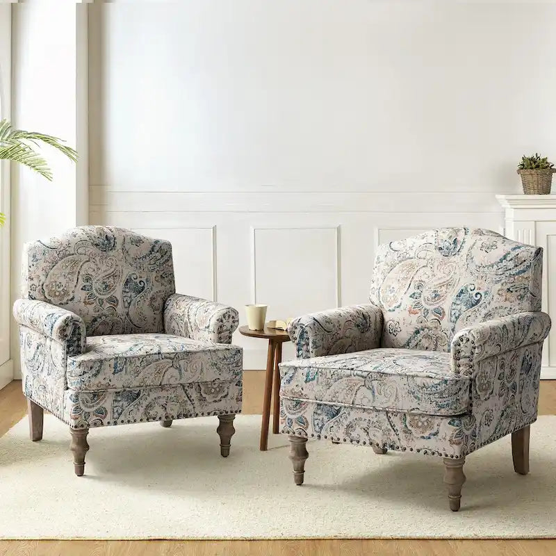 Fauteuil rembourré clouté de ferme avec dossier à bosse, lot de 2 (oiseau/bleu marine/gris/gingen/cachemire/floral/fougère)