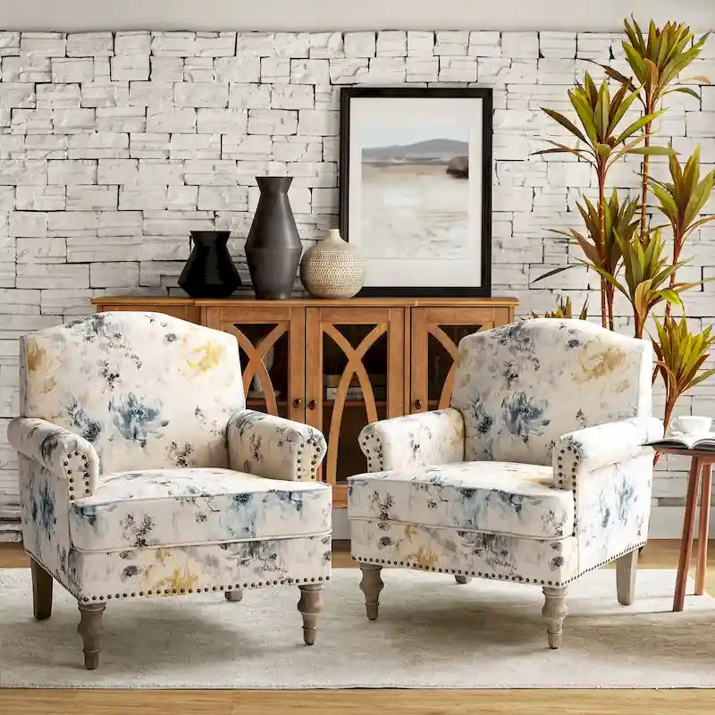 Fauteuil rembourré clouté de ferme avec dossier à bosse, lot de 2 (oiseau/bleu marine/gris/gingen/cachemire/floral/fougère)