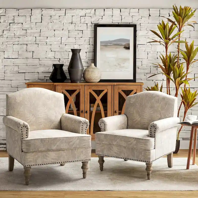 Fauteuil rembourré clouté de ferme avec dossier à bosse, lot de 2 (oiseau/bleu marine/gris/gingen/cachemire/floral/fougère)