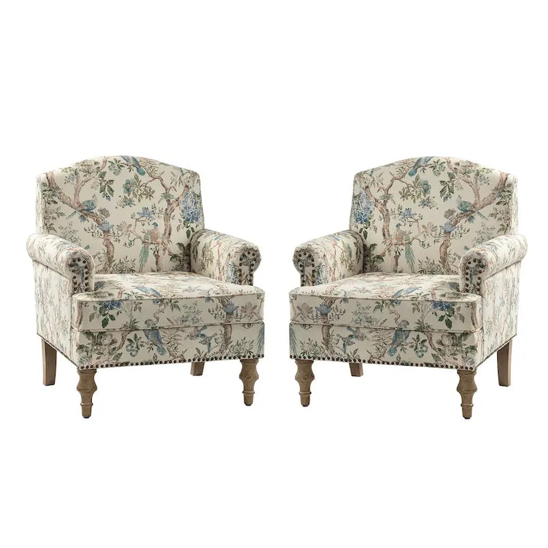 Fauteuil rembourré clouté de ferme avec dossier à bosse, lot de 2 (oiseau/bleu marine/gris/gingen/cachemire/floral/fougère)