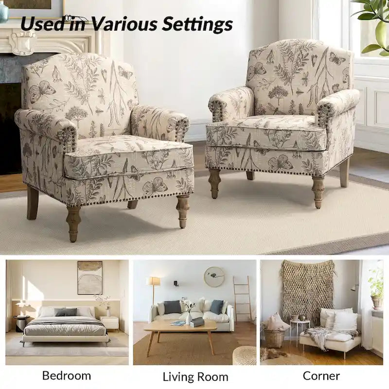 Fauteuil rembourré clouté de ferme avec dossier à bosse, lot de 2 (oiseau/bleu marine/gris/gingen/cachemire/floral/fougère)