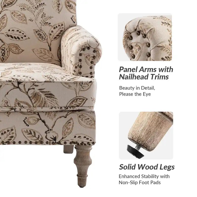 Fauteuil rembourré clouté de ferme avec dossier à bosse, lot de 2 (oiseau/bleu marine/gris/gingen/cachemire/floral/fougère)