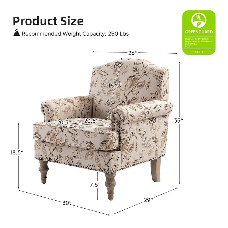 Fauteuil rembourré clouté de ferme avec dossier à bosse, lot de 2 (oiseau/bleu marine/gris/gingen/cachemire/floral/fougère)