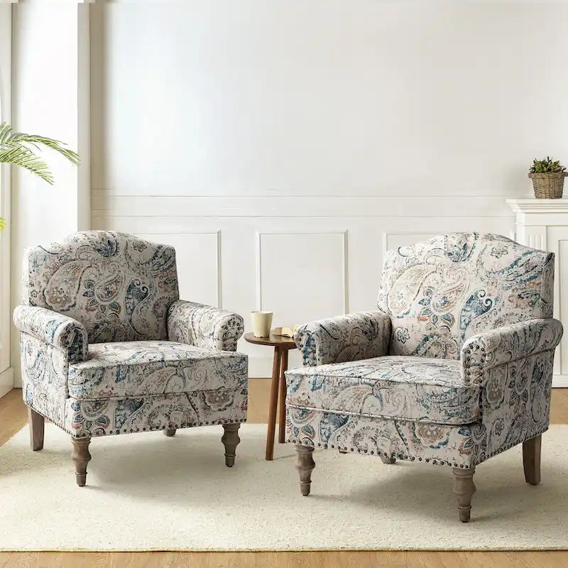 Fauteuil rembourré clouté de ferme avec dossier à bosse, lot de 2 (oiseau/bleu marine/gris/gingen/cachemire/floral/fougère)