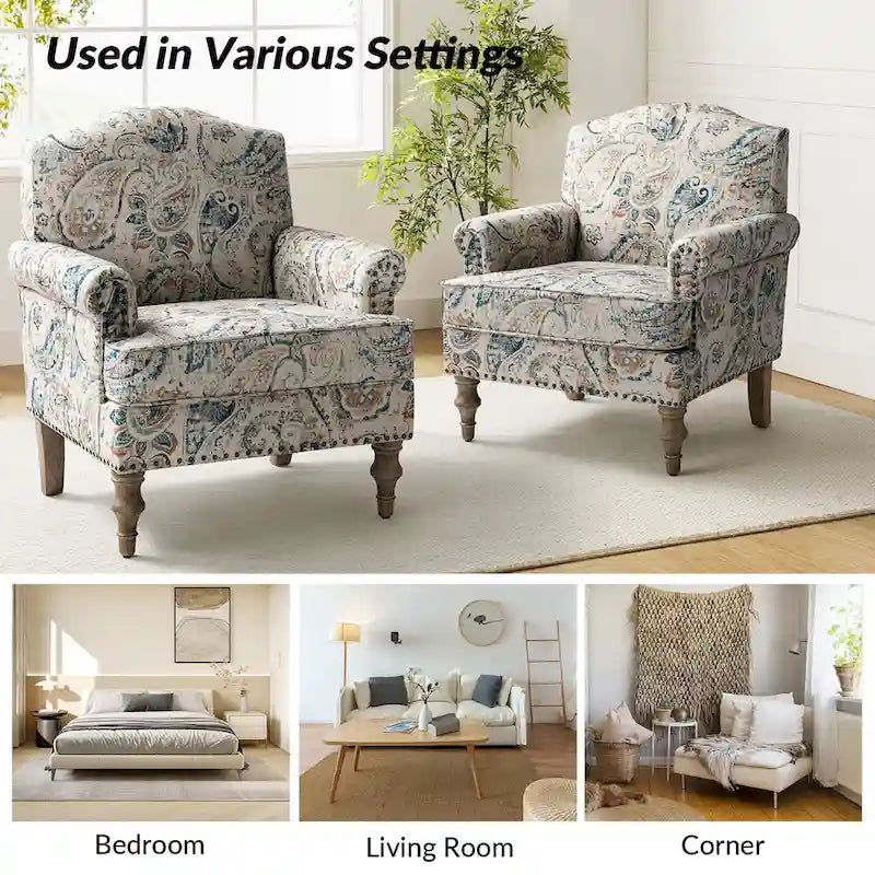 Fauteuil rembourré clouté de ferme avec dossier à bosse, lot de 2 (oiseau/bleu marine/gris/gingen/cachemire/floral/fougère)