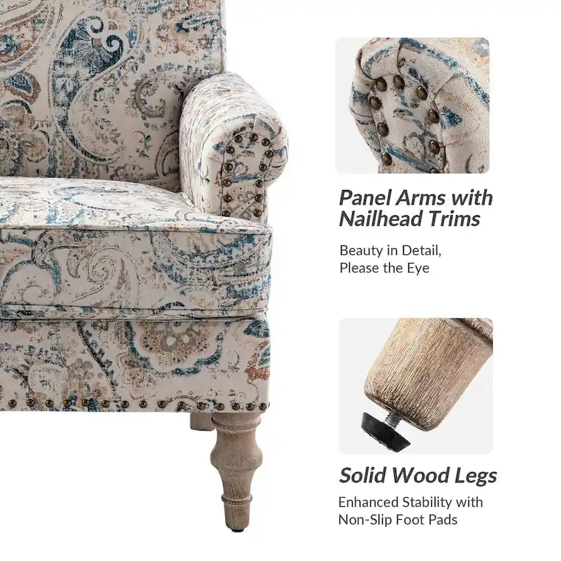 Fauteuil rembourré clouté de ferme avec dossier à bosse, lot de 2 (oiseau/bleu marine/gris/gingen/cachemire/floral/fougère)