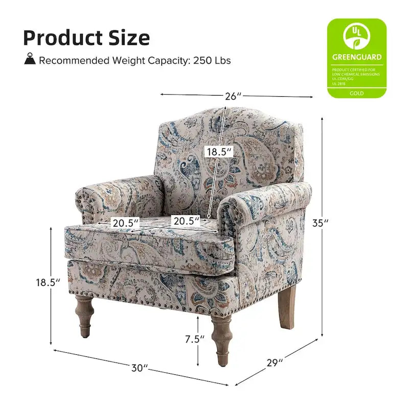 Fauteuil rembourré clouté de ferme avec dossier à bosse, lot de 2 (oiseau/bleu marine/gris/gingen/cachemire/floral/fougère)