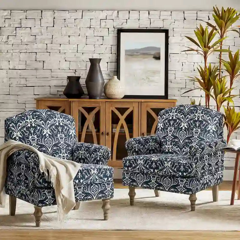 Fauteuil rembourré clouté de ferme avec dossier à bosse, lot de 2 (oiseau/bleu marine/gris/gingen/cachemire/floral/fougère)