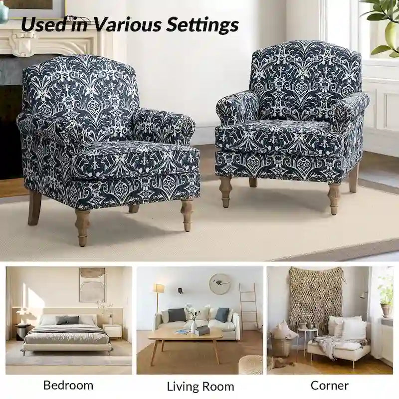 Fauteuil rembourré clouté de ferme avec dossier à bosse, lot de 2 (oiseau/bleu marine/gris/gingen/cachemire/floral/fougère)