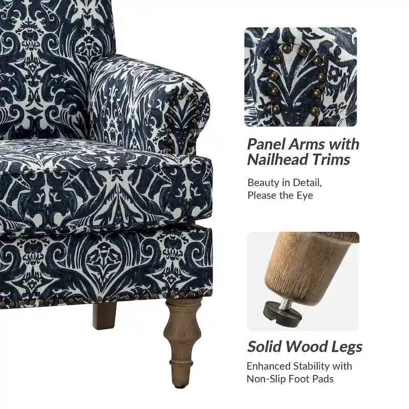 Fauteuil rembourré clouté de ferme avec dossier à bosse, lot de 2 (oiseau/bleu marine/gris/gingen/cachemire/floral/fougère)