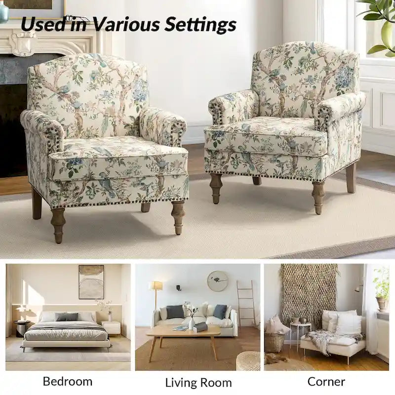 Fauteuil rembourré clouté de ferme avec dossier à bosse, lot de 2 (oiseau/bleu marine/gris/gingen/cachemire/floral/fougère)