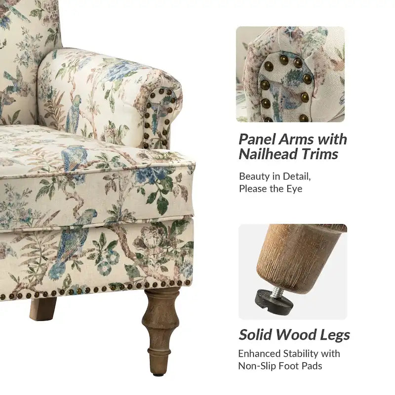 Fauteuil rembourré clouté de ferme avec dossier à bosse, lot de 2 (oiseau/bleu marine/gris/gingen/cachemire/floral/fougère)