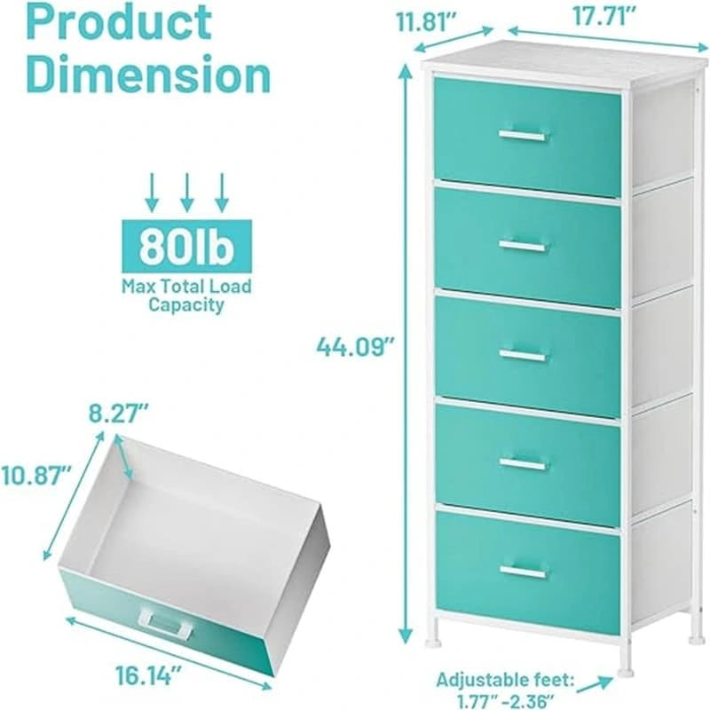 Blanc / Noir élégant / Bleu aqua / Impression grain de bois anthracite – Tour de rangement 5 tiroirs, usage unique