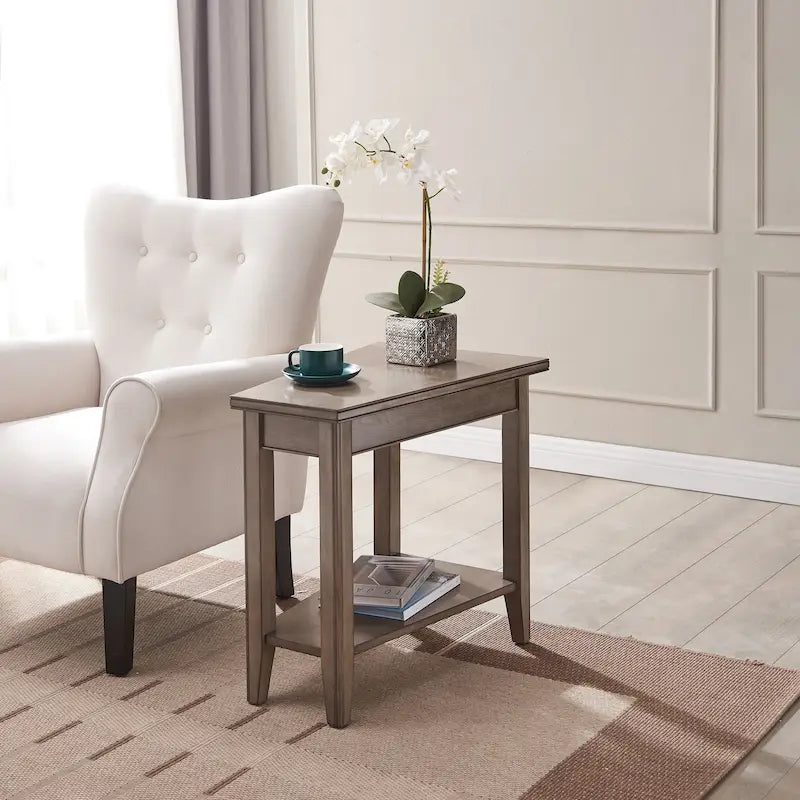 Table d'appoint compensée avec étagère – Gris / Blanc / Noir / Marron chocolat, bois massif, convient au côté d'un canapé 1 place