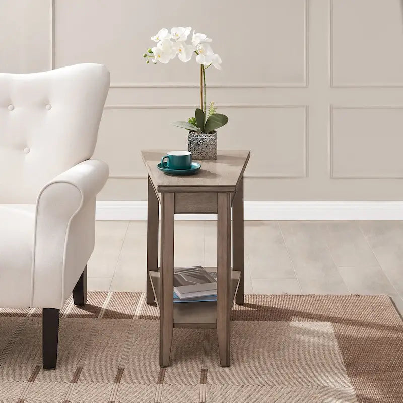 Table d'appoint compensée avec étagère – Gris / Blanc / Noir / Marron chocolat, bois massif, convient au côté d'un canapé 1 place
