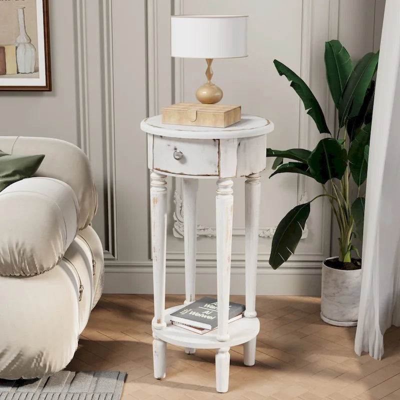 Table d'appoint ronde blanche aspect vieilli avec tiroir et étagère