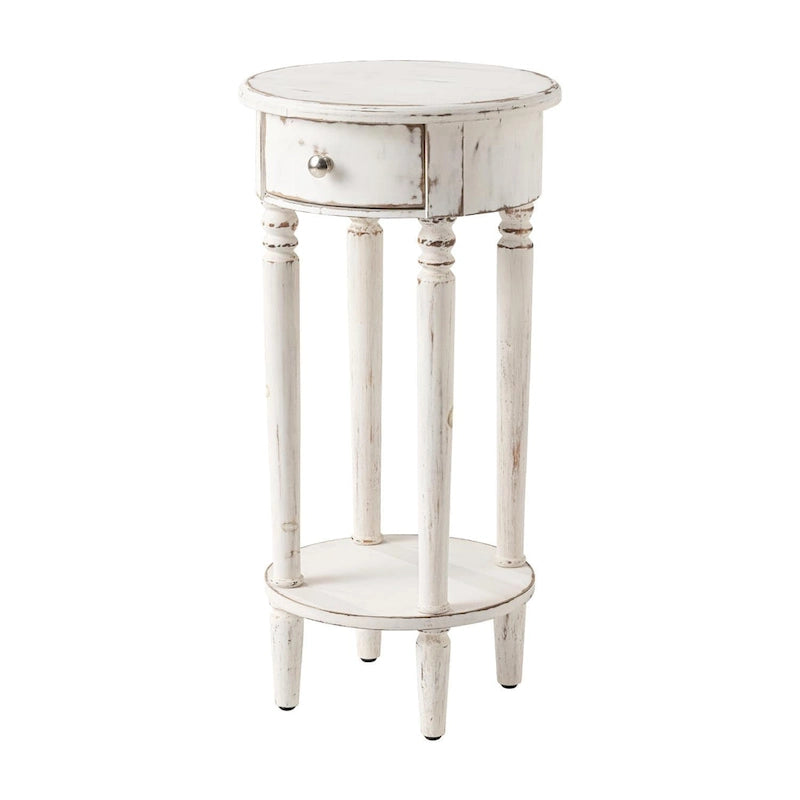 Table d'appoint ronde blanche aspect vieilli avec tiroir et étagère